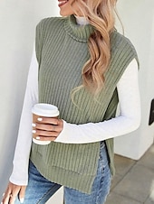 cheap Solid Colors-Women&#039;s Sweater Vest Casual Soft Solid Color Ribbed Turtleneck Split Knitted Sleeveless Regular Tops Knit Outdoor Daily Weekend Light Green Khaki Fall Winter