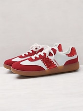 billiga Damsneakers-kvinnors retro svarta och vita sneakers med snörning - avslappnad lågtoppsdesign med mocka och tygdetaljer, bekväm sula för dagligt bruk och sportaktiviteter