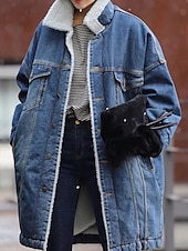 billiga Casual Parka-Dam Fleece-jacka Teddyrock Jeansjacka Håller värmen Andningsfunktion Ficka Fleecefodrad Ledigt Slät Semester Gata Dagliga kläder Utekväll Enkelknäppt Lång Nedvikt Normal Långärmad Ytterkläder Blå