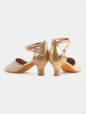 baratos Sapatos de Dança Latina-sapatos de dança femininos de renda dourada com tira cruzada e sola de camurça – saltos confortáveis para eventos de dança de salão e latina