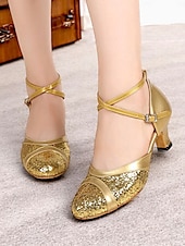 voordelige Latin dansschoenen-Gouden glitter dansschoenen voor dames met kruisbandontwerp – sprankelende ballroom- en latinhakken voor optredens en oefeningen