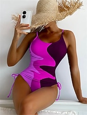 billiga One-piece-baddräkter-Dam Badkläder En bit Monokini Baddräkt Öppen rygg Magkontroll Hög midja Smal Semester Standkläder Färgblock U-hals Ärmlös Baddräkter