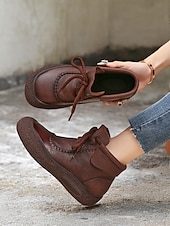 levne Kotníkové boty-dámské hnědé šněrovací kotníkové boty z umělé kůže s detaily vintage stehu, pohodlná podrážka pro běžné outdoorové nošení