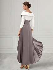 baratos Comprimento do chão-Vestido A-Line para Mãe da Noiva Vestido de Tuxedo Elegante Decote V Assimétrico Comprimento do Tornozelo Chiffon Manga 3/4 com Pregas 2025