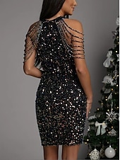 ieftine rochie mini neagra-Pentru femei Paiete Rochie neagra Rochie Mini Simplu Gâtul halter Fără manșon Toamnă Iarnă Negru Maro Deschis