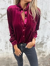 voordelige Elegante topjes-Dames Overhemd Blouse Effen Kleur Basic Casual Lange mouw Overhemdkraag Normale tops Dagelijks Knop Fuchsia Bruin Groen Herfst Winter