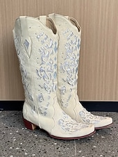 cheap Cowboy &amp; Western Boots-Women&#039;s Mid Calf Boots Vintage-Style White Western Cowboy Boots with Embroidery and Rhinestone Accents for Festivals and Everyday Wear