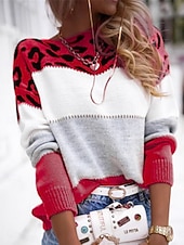 billige Grafiske mønstre og detaljer-Dame Genser Pullover genser Fritid Myk Leopard Riflet Crew-hals Strikket Trykt mønster Langermet Vanlige topper Strikke utendørs Daglig Helg Gul Rosa Høst Vinter