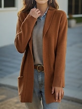 cheap Cardigans &amp; Outerwears-Women&#039;s Sweater Cardigan Sweater Jacket Shirt Collar Knit Pocket Knitted Spring Fall Home Daily Weekend Daily Casual Soft Long Sleeve Pure Color Black Camel
