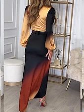 economico Abiti da festa-abito midi da donna con scollo profondo sfumato e maniche lunghe primavera autunno