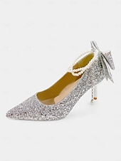cheap Formal-Women&#039;s Glitter Pointed Toe Stiletto Heels with Bow and Pearl Ankle Strap - Red Evening Shoes for Party, Prom, and Special Occasions