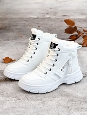 baratos Botas de neve e inverno-botas femininas de amarrar no tornozelo com forro de pele quente – botas de inverno bege elegantes para conforto ao ar livre em clima frio