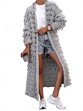 cheap Cardigans &amp; Outerwears-Women&#039;s Sweater Cardigan Casual Soft Pure Color Ribbed Open Front Tassel Knitted Long Sleeve Long Tops Knit Outdoor Daily Weekend Black Khaki Fall Winter