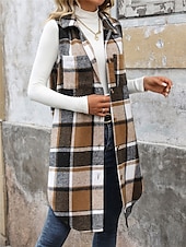 baratos Colete-Mulheres Colete Ao ar livre Rua Roupa Diária Outono Inverno Longo Casaco Normal Térmico / Quente Respirável à moda Casual Casaco Sem Manga Listras e xadrez Com bolsos Imprimir Laranja Verde Cáqui