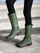 tanie Kowboj i zachodnie buty-damskie buty ze skóry ekologicznej do połowy łydki z podwójnym zamkiem błyskawicznym i paskiem ze sprzączką – swobodny styl westernowy do noszenia na zewnątrz i na co dzień
