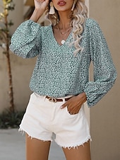 economico Top Grafici da Donna-Per donna Camicia Blusa Floreale Informale Manica lunga A V Top regolari Giornaliero Stampa Blu Verde Autunno Inverno