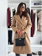 abordables Abrigos de Invierno-Mujer Abrigo Mantiene abrigado Cómodo Botones Con cinturón Elegante Color sólido Casual Diario Botonadura Doble Escote en Pico Ajuste regular Manga Larga Ropa de calle Negro Caqui Albaricoque Invierno