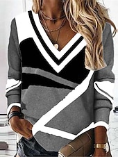 billige Stripe og geometrisk t-skjorte-Dame T skjorte Stripet Mote Moderne Fritid Langermet V-hals Vanlige topper Daglig Helg Trykt mønster Svart Hvit Rød Blå Høst Vinter