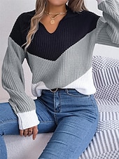 billige Grafiske mønstre og detaljer-Dame Genser Pullover genser Fritid Myk Fargeblokk Riflet V-hals Strikket Langermet Vanlige topper Strikke utendørs Daglig Helg Blå Kakifarget Høst Vinter
