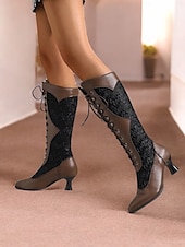 abordables años 1930-Botas victorianas con cordones hasta media pantorrilla para mujer: zapatos de piel sintética y encaje estilo steampunk gótico para cosplay, fiestas y ocasiones especiales