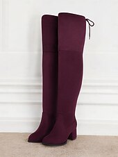 preiswerte Modische Stiefel-Burgunderfarbene Overknee-Stiefel für Damen mit Blockabsatz und Schnürdetail – stylische hohe Stiefel für Herbst- und Winter-Outfits
