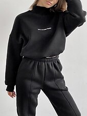 economico Tuta da donna-Per donna Caldo Felpa Sherpa Pantaloni in pile Pantaloni maglione Set Manica lunga Girocollo Tinta unica Alfabetico Esterno Nero Rosso Marrone chiaro Primavera Oversize
