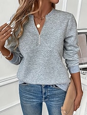 お買い得  テクスチャードフーディ-レディース スウェットシャツ カジュアル 無地 ストリート デイリーウェア クルーネック ジッパー 長袖 ブラック ホワイト レッド グレー 秋 冬