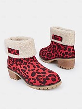 cheap Snow &amp; Winter Boots-Women&#039;s Red Leopard Print Winter Boots with Faux Fur Lining and Chunky Heel – Warm and Stylish Snow Boots