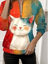 お買い得  動物のトップ-ウィメンズ クォータージッパー セーター キャット ストリート デイリーウエア プリント カジュアル クルーネック ロングスリーブ マイクロエラスティック フォール ウィンター コンフォート 通気性 ソフトファブリック