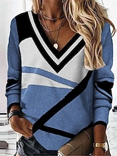 billige Stripe og geometrisk t-skjorte-Dame T skjorte Stripet Mote Moderne Fritid Langermet V-hals Vanlige topper Daglig Helg Trykt mønster Svart Hvit Rød Blå Høst Vinter
