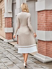 olcso Kötött ruhák-Női Pulóverruha Elegáns Divat Napi Tömör szín Csíkos V-alakú Pliszé Kötött Hosszú ujj Hosszú felsők Kötött Előírásos Munka Fehér / Fekete Khakizöld Ősz Tél