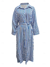 ieftine Rochii tip cămașă-rochie camasa dama dunga geometrica imprimeu nasturi decolteu in V rochie lunga maxi rochie eleganta zilnic jumatate maneca iarna