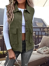 billiga Väst-Dam Väst Utomhus Gata Dagliga kläder Höst Vinter Normal Täcka Normal Håller värmen Andningsfunktion Stylish Ledigt Jacka Ärmlös Ensfärgat Med fickor Armégrön Kaki
