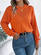 economico Colori solidi-Per donna Felpa Pullover Maglione Informale Morbido Colore puro A coste Girocollo Traforato Lavorato a maglia Manica lunga Top regolari Maglia Esterno Giornaliero Fine settimana Bianco Arancione