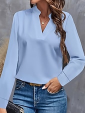 tanie Eleganckie topy-Damskie Koszula Bluzka Jednokolorowe Codzienny Elegancki Długi rękaw W serek Zwykłe topy Codzienny Czarny Biały Niebieski Jesień Zima