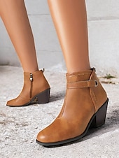 abordables Cowboy y botas occidentales-Botines estilo western vintage para mujer con tacones gruesos en bloque: botines de piel sintética con cremallera lateral para uso informal y al aire libre