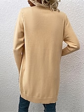 billige Cardigans og yttertøy-Dame Genser Kofte Fritid Myk Ren farge Riflet Åpen Forside Lomme Strikket Langermet Lange topper Strikke utendørs Daglig Helg Kakifarget Aprikos Høst Vinter