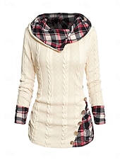 economico Motivi grafici e dettagli-Per donna Felpa Pullover Maglione Informale Morbido A quadri A coste Con cappuccio Collage Lavorato a maglia Manica lunga Top regolari Maglia Esterno Giornaliero Fine settimana Vino Beige Autunno