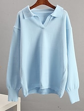 Women's Sweater Pullover Sweater Jumper Casual Soft Pure Color Ribbed Shirt Collar Knitted Long Sleeve Regular Tops Knit Outdoor Daily Weekend White Green Fall Winter 14