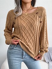 billiga Solida färger-Dam Tröja Pullover tröja Ledigt Mjukt Ren färg Ribbad Fyrkantig hals Knappar Stickat Långärmad Vanliga toppar Sticka Utomhus Dagligen Helgen Vit Kaki Höst Vinter
