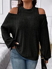 billiga Solida färger-Dam Tröja Pullover tröja Ledigt Mjukt Randig Ribbad Rund hals Stickat Kall axel Långärmad Vanliga toppar Sticka Utomhus Dagligen Helgen Svart Rubinrött Höst Vinter