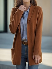 cheap Cardigans &amp; Outerwears-Women&#039;s Sweater Cardigan Sweater Jacket Shirt Collar Knit Pocket Knitted Spring Fall Home Daily Weekend Daily Casual Soft Long Sleeve Pure Color Black Camel
