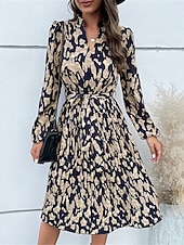 abordables Robes fleuries décontractées-robe midi à fleurs à col en V et manches longues pour femme printemps automne