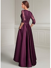 cheap Floor Length-Purple A-Line Mother of the Bride Dress Elegant Vintage V Neck Asymmetrical Satin Long Sleeve with Lace Appliques Solid Color
