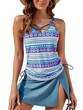 abordables Robes de bain-Maillots de bain pour femmes Robes de bain 2 pièces Jupes Tankini Sans dos Taille haute Vacances Plage Floral V Cou Sans manches