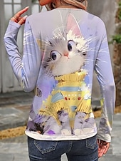 billiga Djur tee-Dam T-shirt Katt Ledigt Långärmad Rund hals Vanliga toppar Dagligen Mönster Purpur Vår Höst