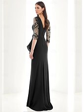 baratos PRETO-vestido preto vestido de noite linha a vestido elegante formal comprimento até o chão manga 3/4 decote em v bolso crepe elástico com apliques 2025