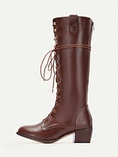tanie Rijlaarzen-damskie, brązowe, skórzane, sznurowane, sięgające do kolan buty vintage, rustykalne, kowbojskie buty jeździeckie na przygody na świeżym powietrzu