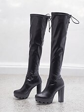 baratos Botas com salto-botas plataforma femininas acima do joelho com salto alto grosso e fecho de cordão, estilo sexy na altura da coxa para baladas e festas
