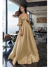 cheap CHAMPAGNE-A-Line Evening Gown Elegant Dress Formal Sweep / Brush Train Long Sleeve One Shoulder Pocket Satin with Glitter